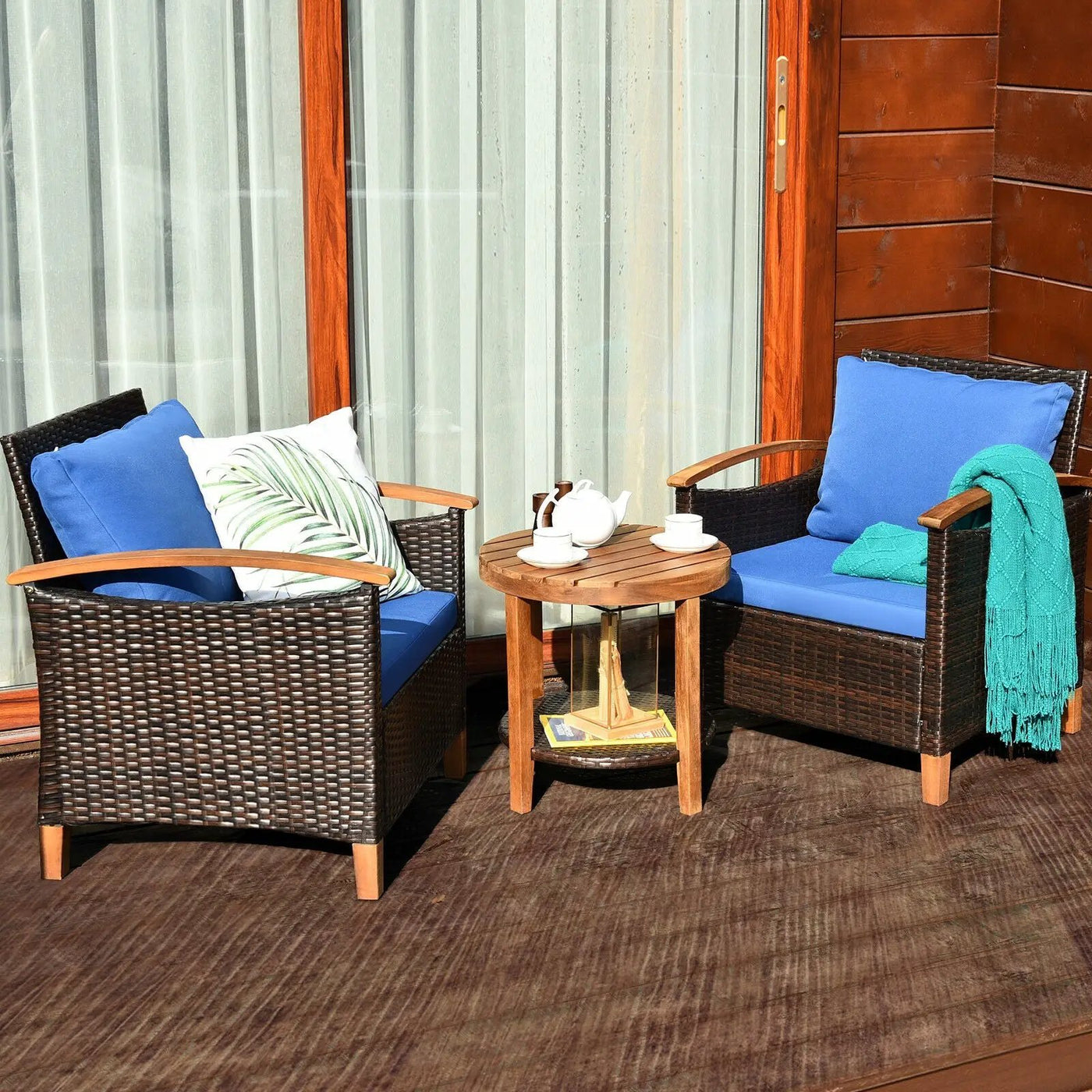 3 Pieces Patio Rattan Furniture Set with Washable Cushion and Acacia Wood Tabletop by DirectDeals