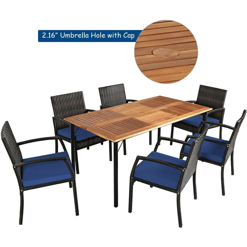 7Pcs Patio Rattan Cushioned Dining Set with Umbrella Hole by DirectDeals