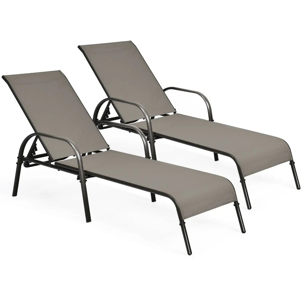 2 Pcs Outdoor Patio Lounge Chair Chaise Fabric with Adjustable Reclining Armrest-Brown by DirectDeals