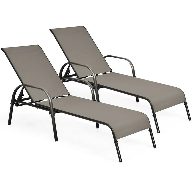2 Pcs Outdoor Patio Lounge Chair Chaise Fabric with Adjustable Reclining Armrest-Brown by DirectDeals
