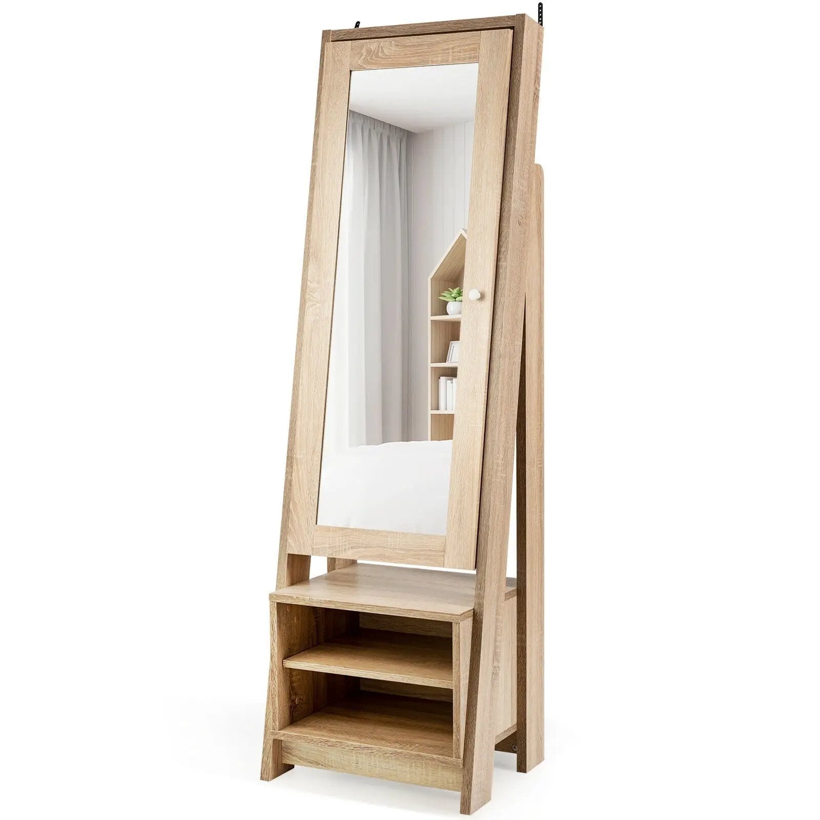 2-in-1 Wooden Cosmetics Storage Cabinet with Full-Length Mirror and Bottom Rack by DirectDeals