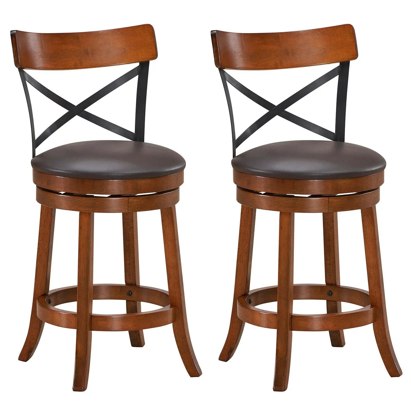 Set of 2 Bar Stools 360-Degree Swivel Dining Bar Chairs with Rubber Wood Legs by DirectDeals