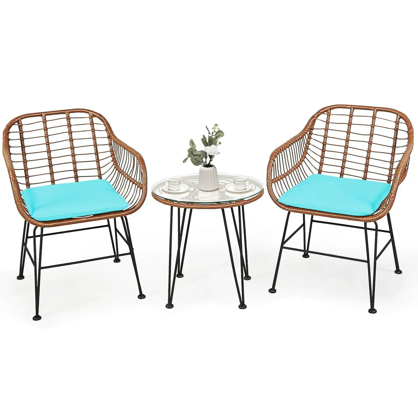 3-Piece Rattan Bistro Set with Cushions and Glass Table by DirectDeals