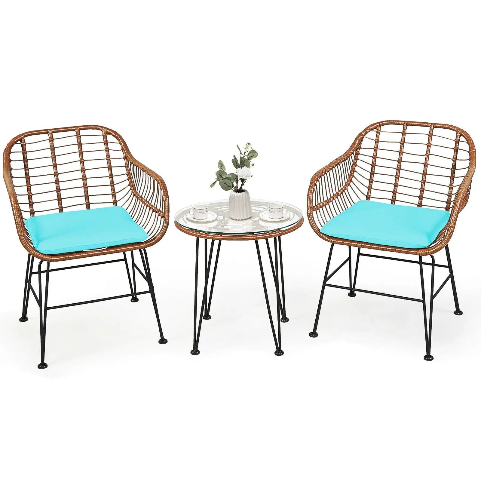 3-Piece Rattan Bistro Set with Cushions and Glass Table by DirectDeals