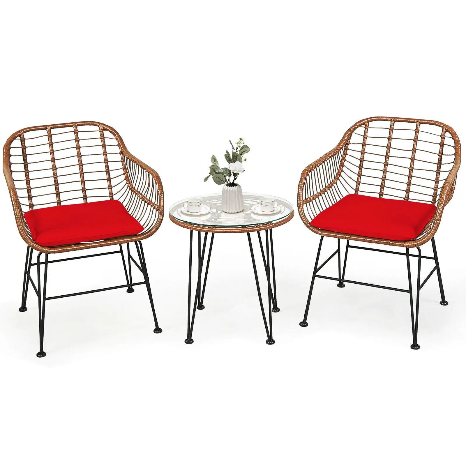 3-Piece Rattan Bistro Set with Cushions and Glass Table by DirectDeals