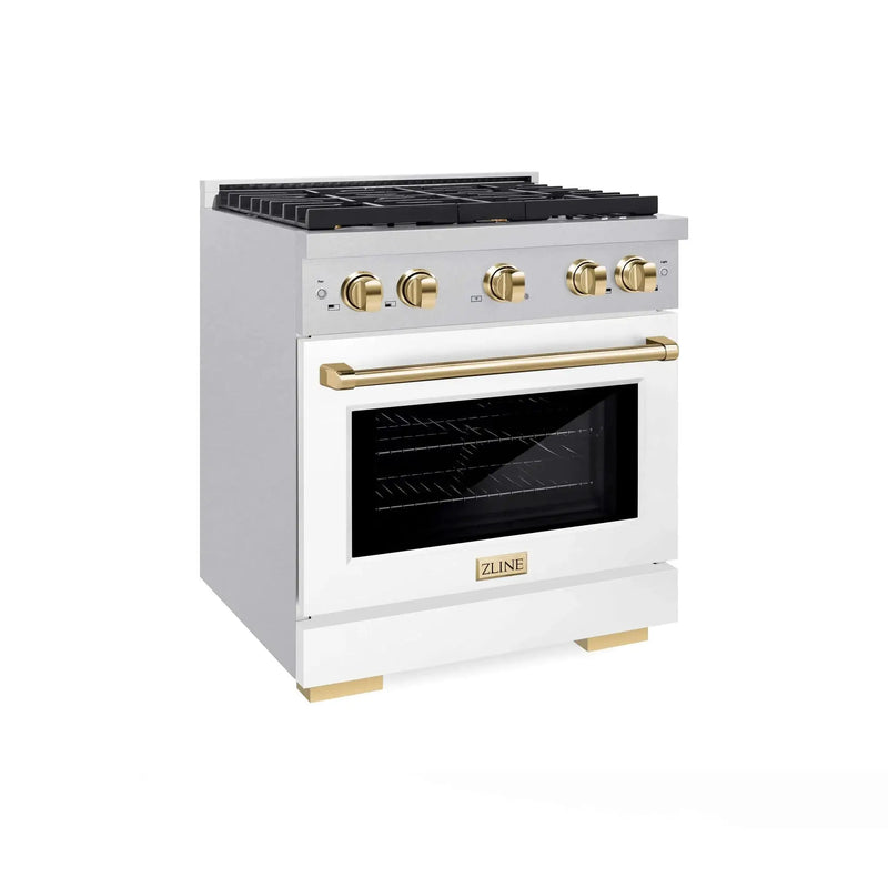 ZLINE 30"Paramount Dual Fuel Range DuraSnow® White Matte, Gold SDRSZ-WM-30-G by Farmhouse Kitchen and Bath