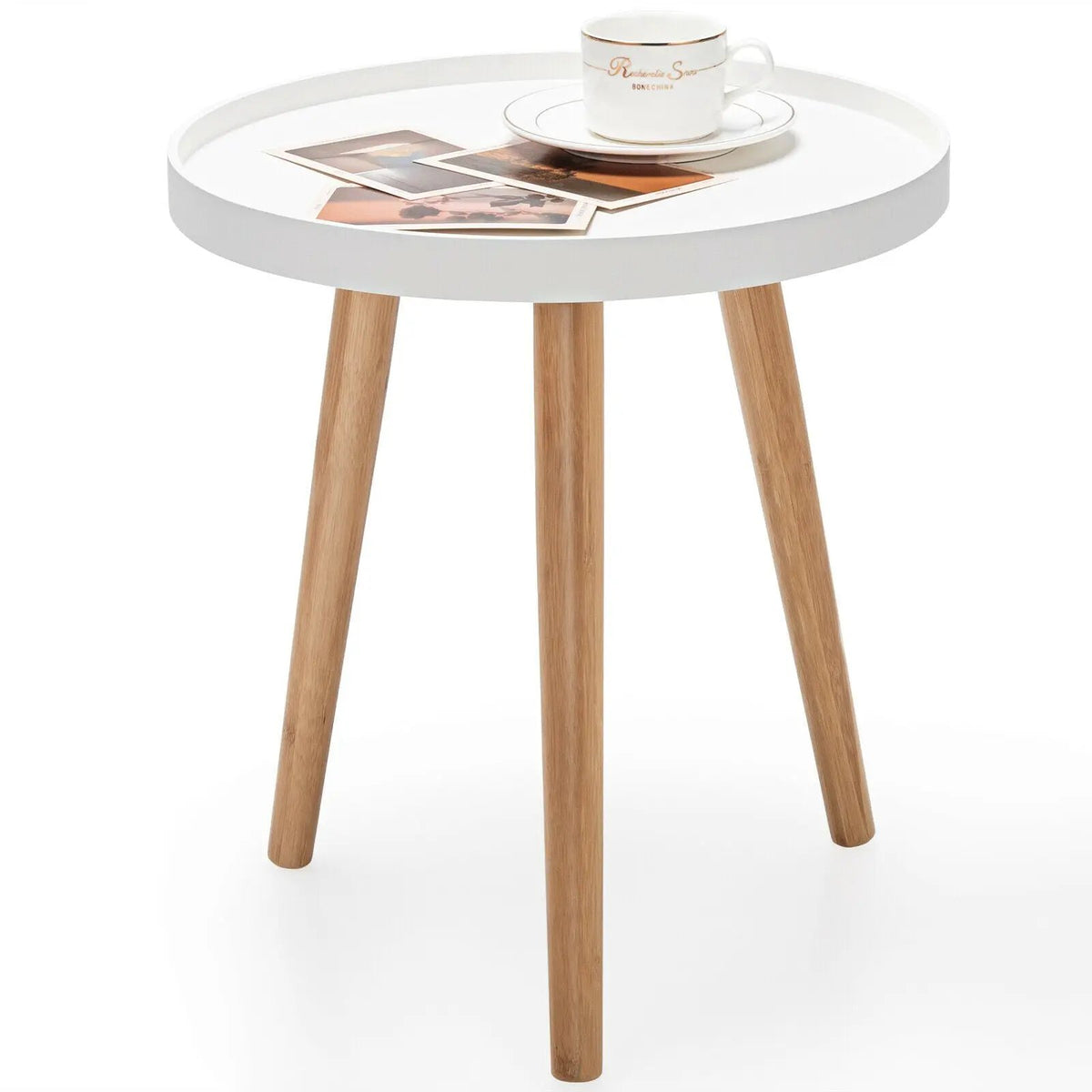 Mid Century Modern Round Side Sofa Coffee Table with Wooden Tray, photo 4 of 10
