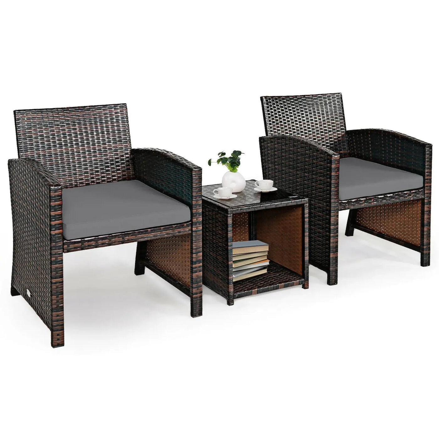 3 Pieces PE Rattan Wicker Furniture Set with Cushion Sofa Coffee Table for Garden by DirectDeals