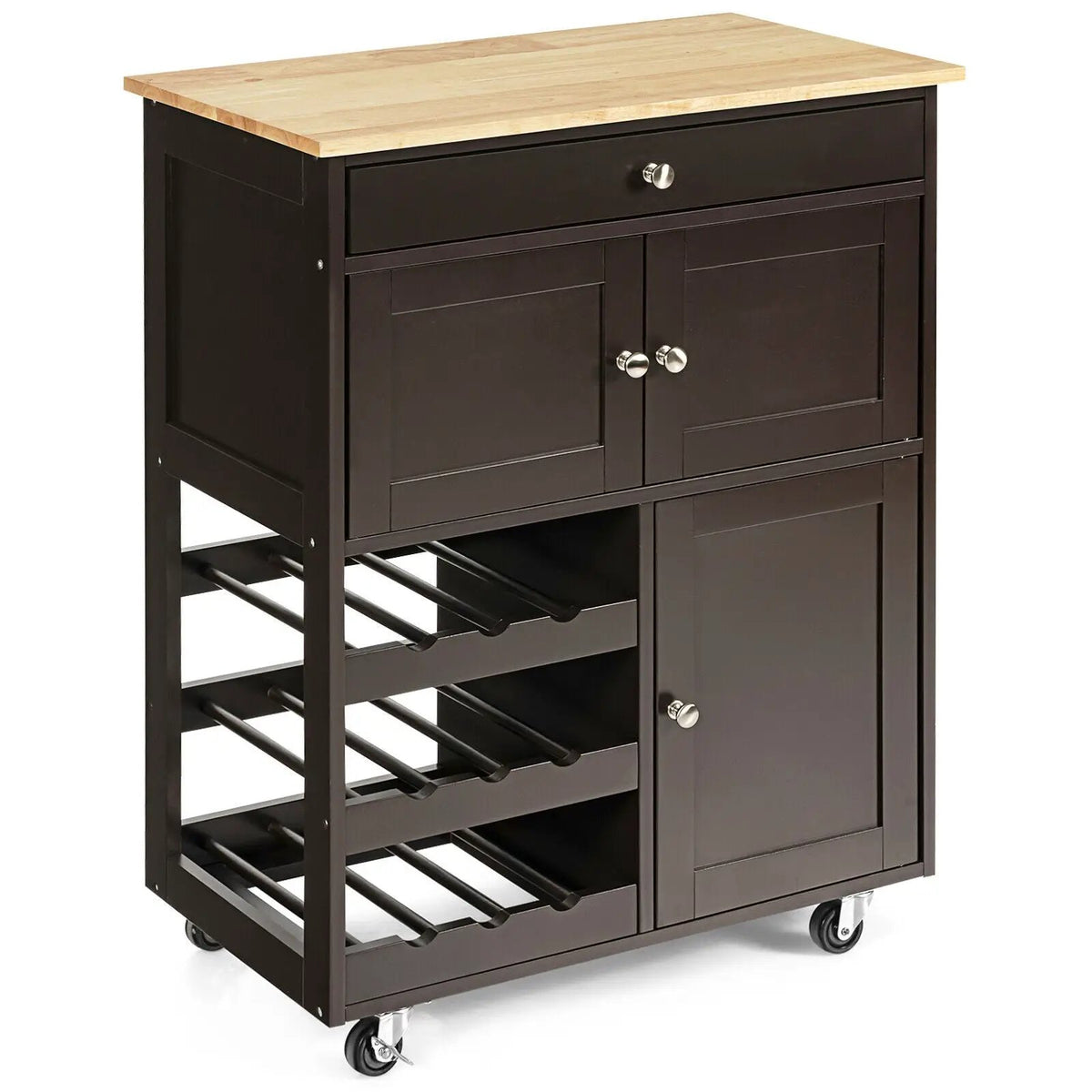 Kitchen Cart with Rubber Wood Top 3 Tier Wine Racks 2 Cabinets, photo 5 of 16
