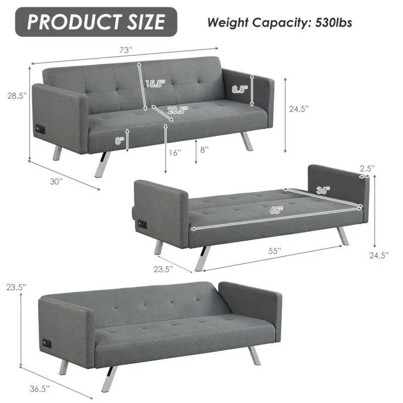 3 Seat Convertible Linen Fabric Futon Sofa with USB and Power Strip by DirectDeals