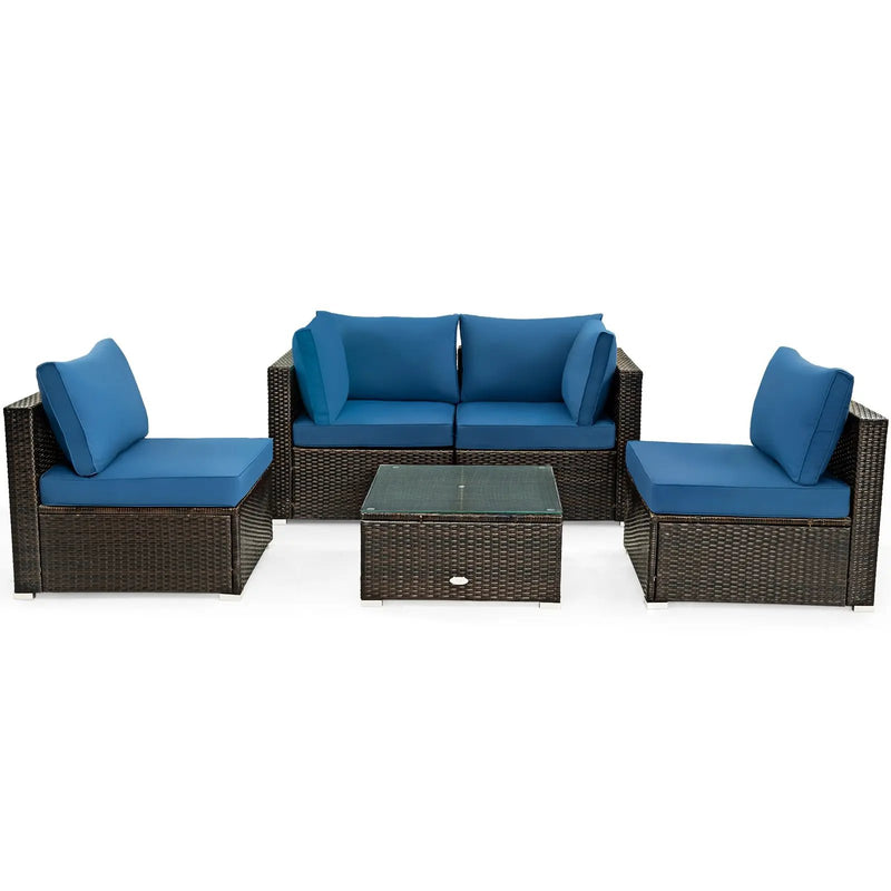 5 Pieces Cushioned Patio Rattan Furniture Set with Glass Table by DirectDeals