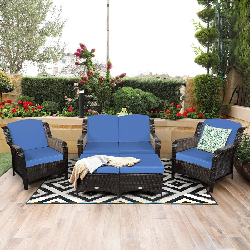 5 Pieces Patio Rattan Sofa Set with Cushion and Ottoman by DirectDeals