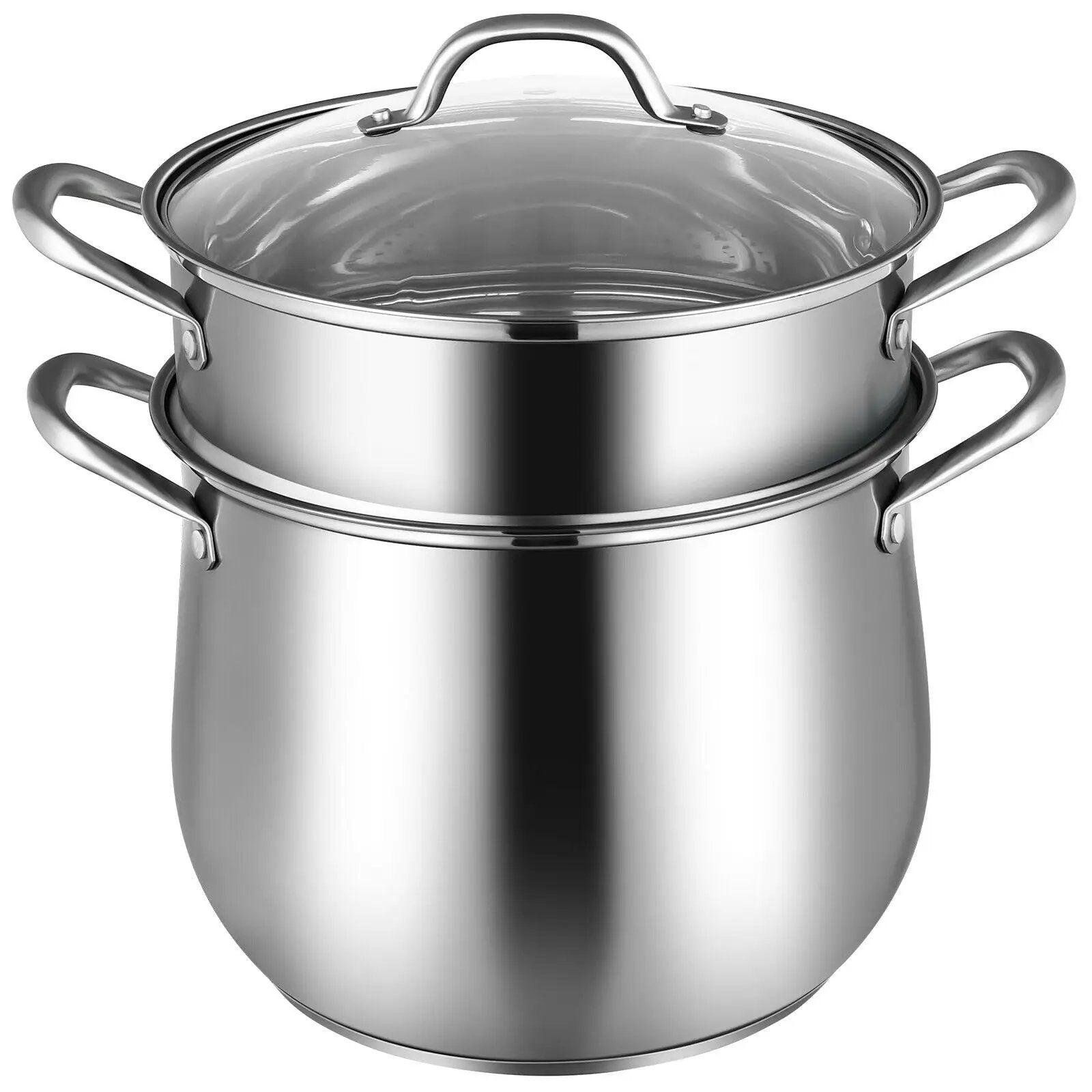 2-Tier Steamer Pot Saucepot Stainless Steel with Tempered Glass Lid by DirectDeals