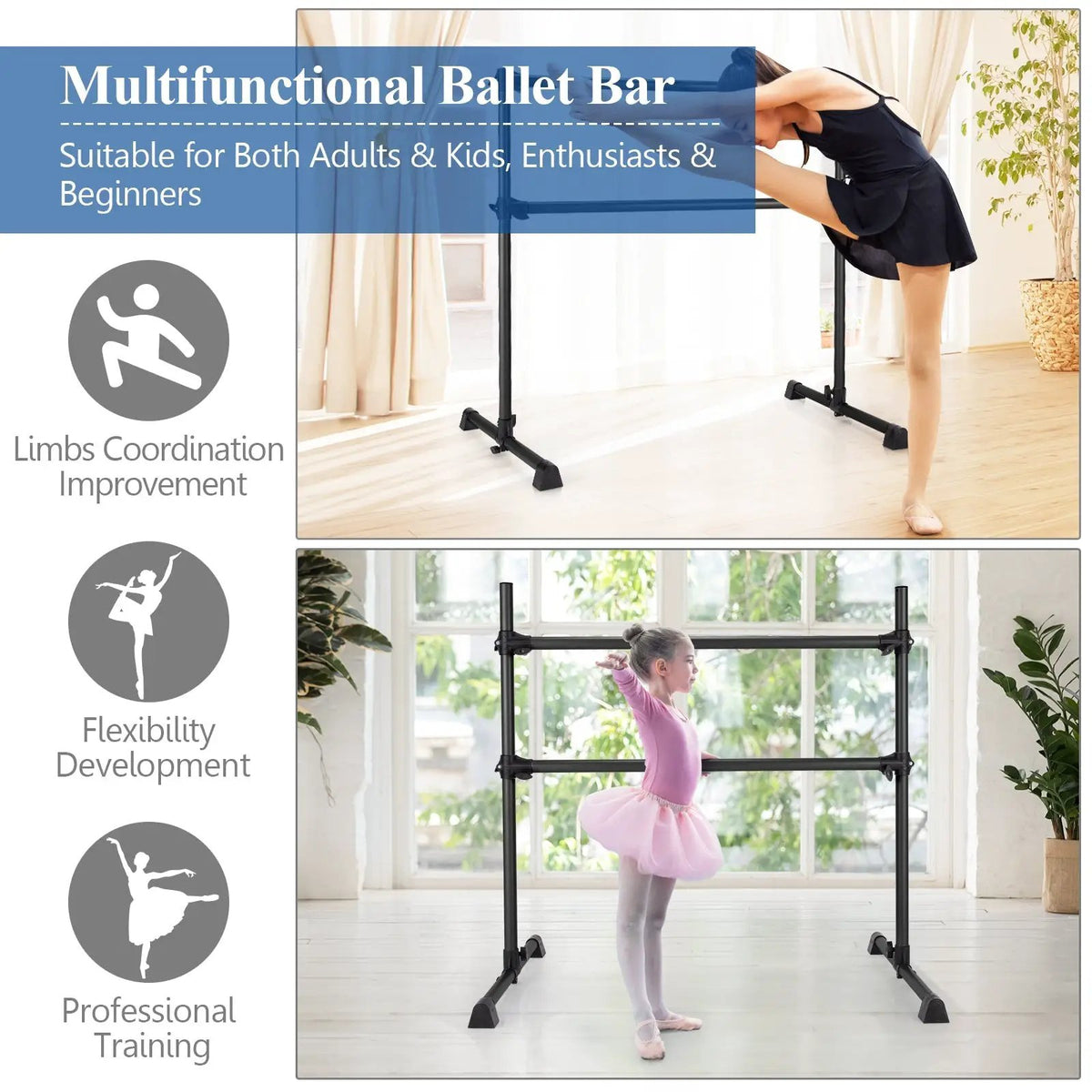 4 Feet Double Ballet Barre Bar with Adjustable Height, photo 2 of 10