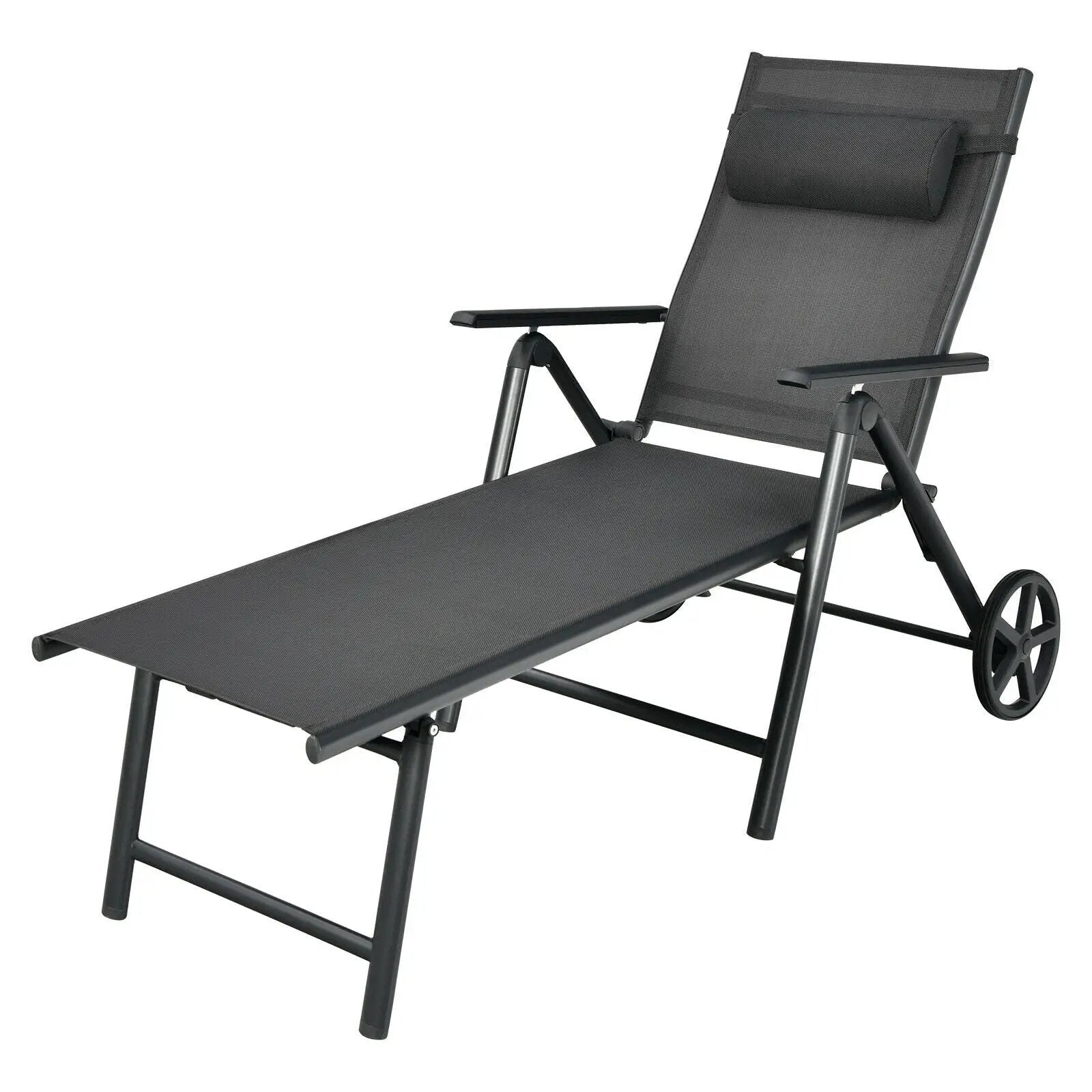 Patio Lounge Chair with Wheels Neck Pillow Aluminum Frame Adjustable-Gray by DirectDeals