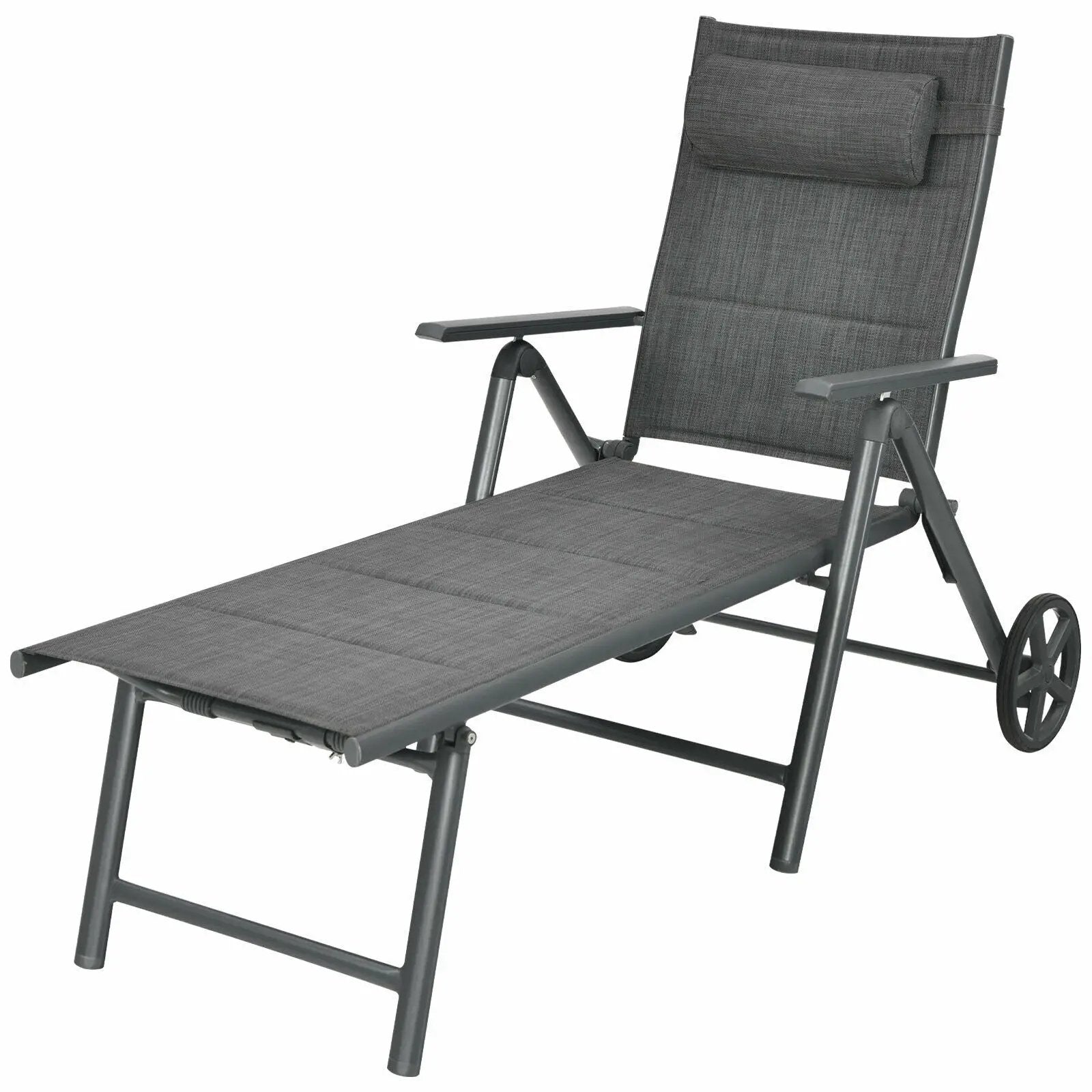 Patio Reclining Chaise Lounge with Adjust Neck Pillow-Gray by DirectDeals