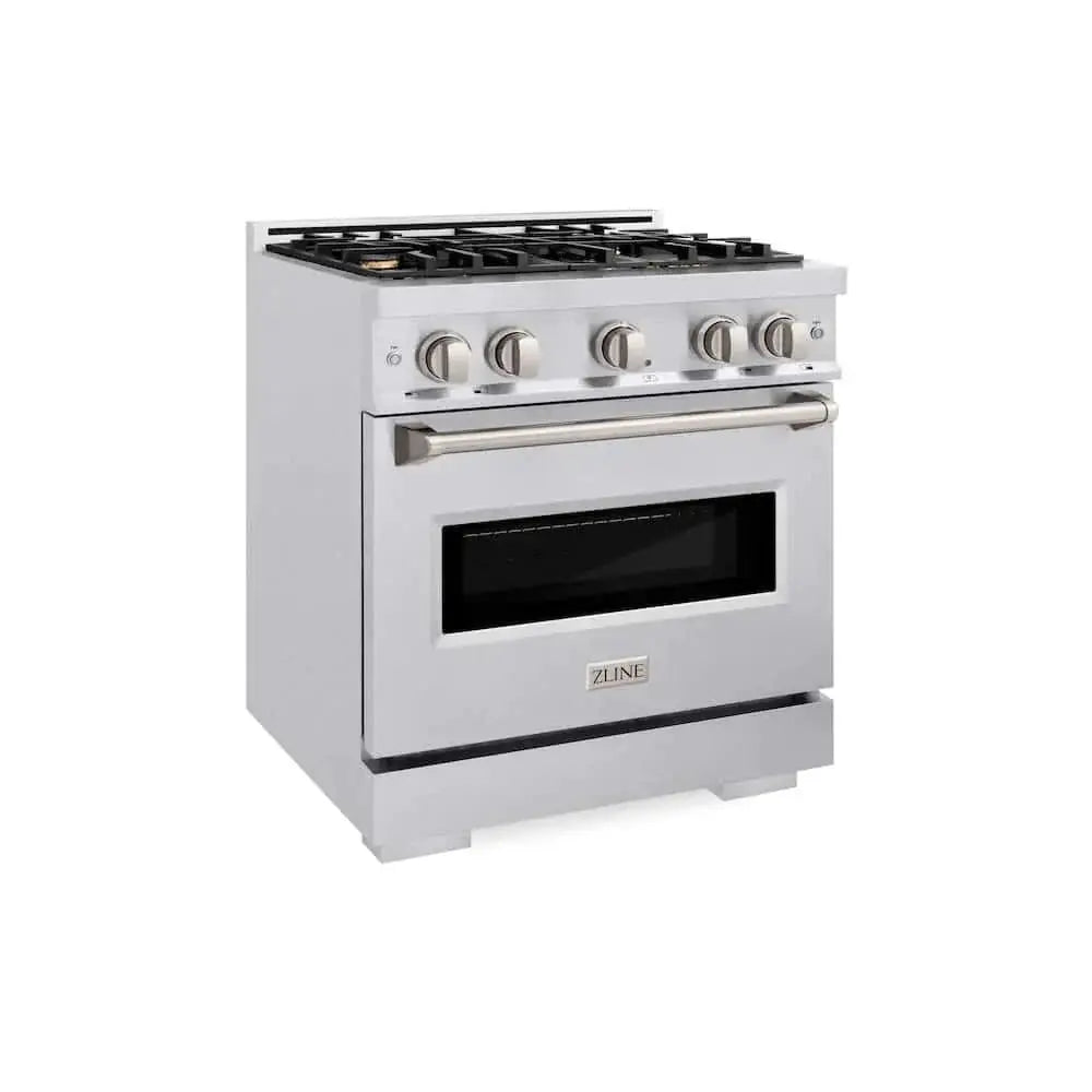 ZLINE 30" Dual Fuel Range, Gas Cooktop, Electric Convection Oven DuraSnow® Stainless Steel, Brass Burners CDRS-BR-30 by Farmhouse Kitchen and Bath
