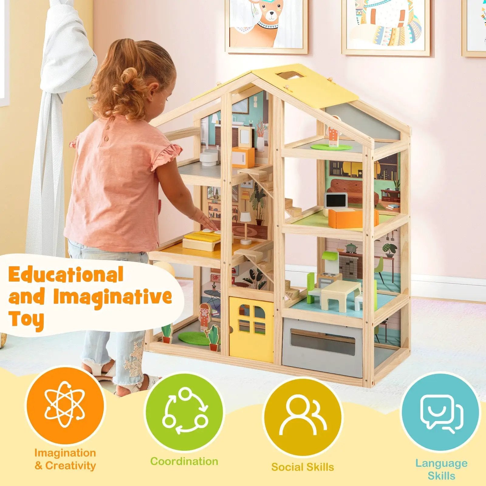 Wooden Dollhouse for Kids Modern Family Pretend Playhouse with Furniture Pieces and Figures-Natural by DirectDeals