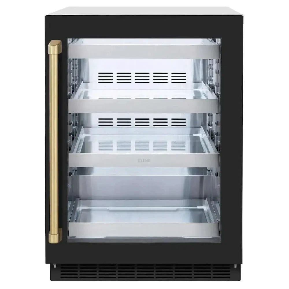 ZLINE 24" Touchstone 151 Can Beverage Fridge Black Matte Glass Door Champagne Bronze Handle RBSOZ-BLM-24-CB by Farmhouse Kitchen and Bath