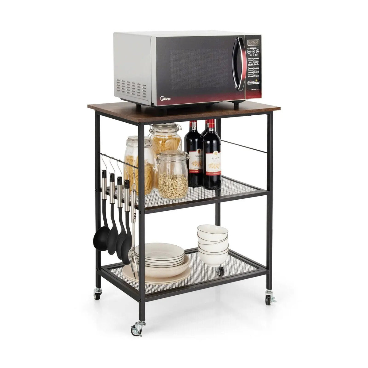 3-Tier Kitchen Serving Cart Utility Standing Microwave Rack with Hooks, photo 3 of 9