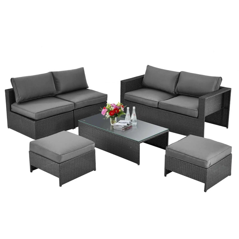 6 Pieces Patio Rattan Furniture Set with Glass Table and Cushioned Seat-Gray by DirectDeals