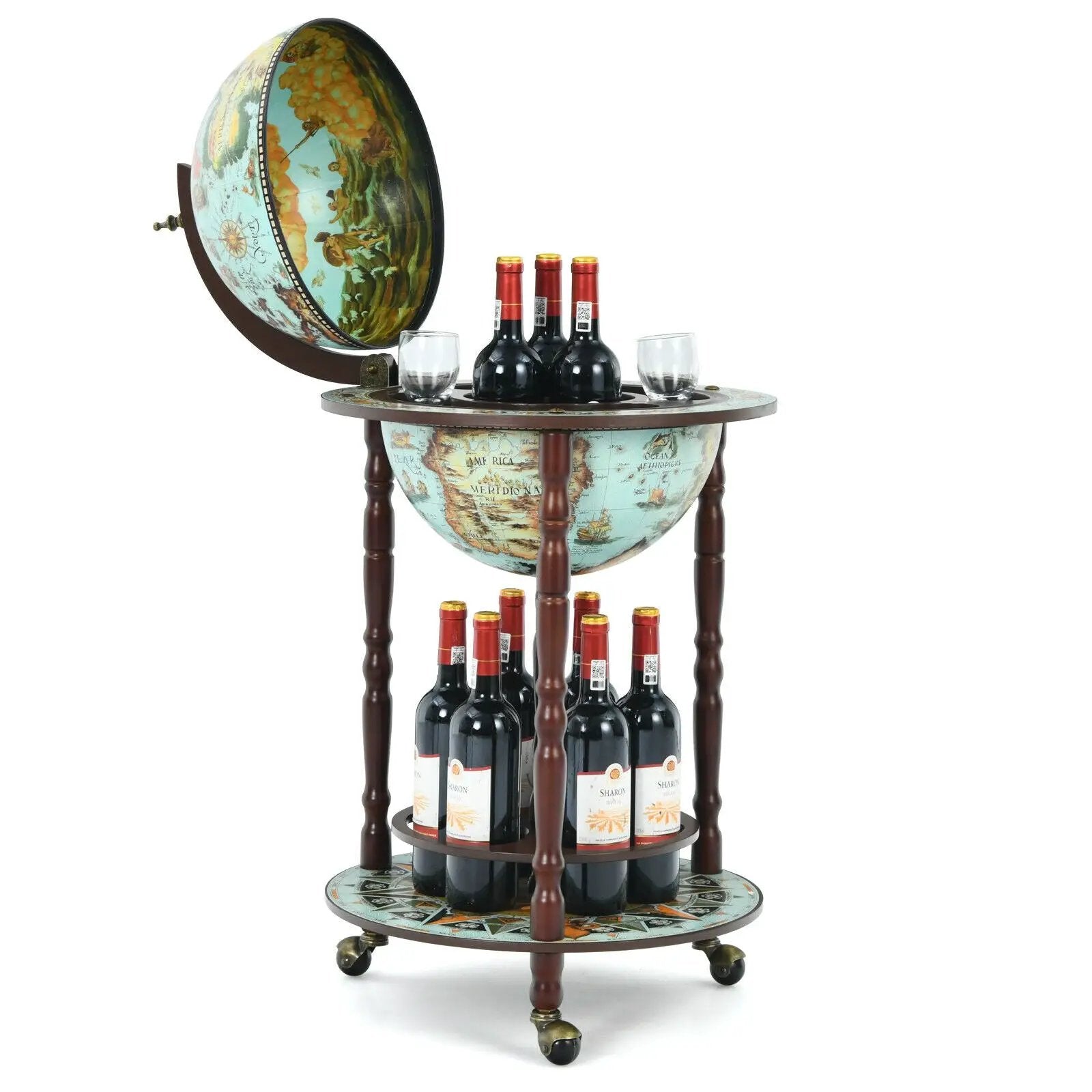 17 Inch Globe Wine Bar Stand 16th Century Italian Map Liquor Bottle Shelf Cart by DirectDeals