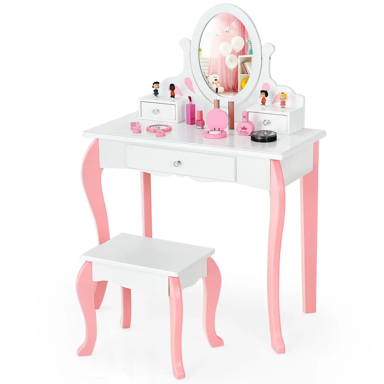 Kids Vanity Princess Makeup Dressing Table Stool Set with Mirror and Drawer by DirectDeals