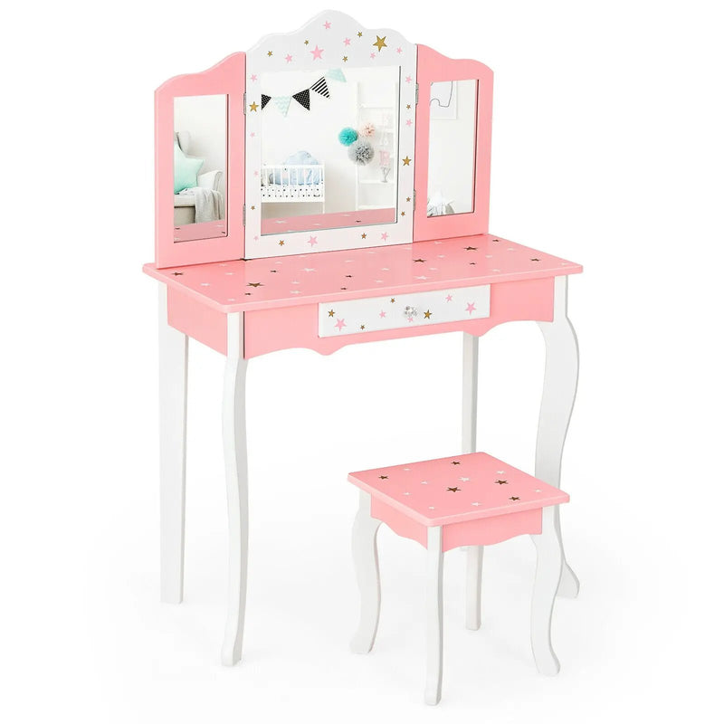 Kids Princess Vanity Table and Stool Set with Tri-folding Mirror and Drawer by DirectDeals