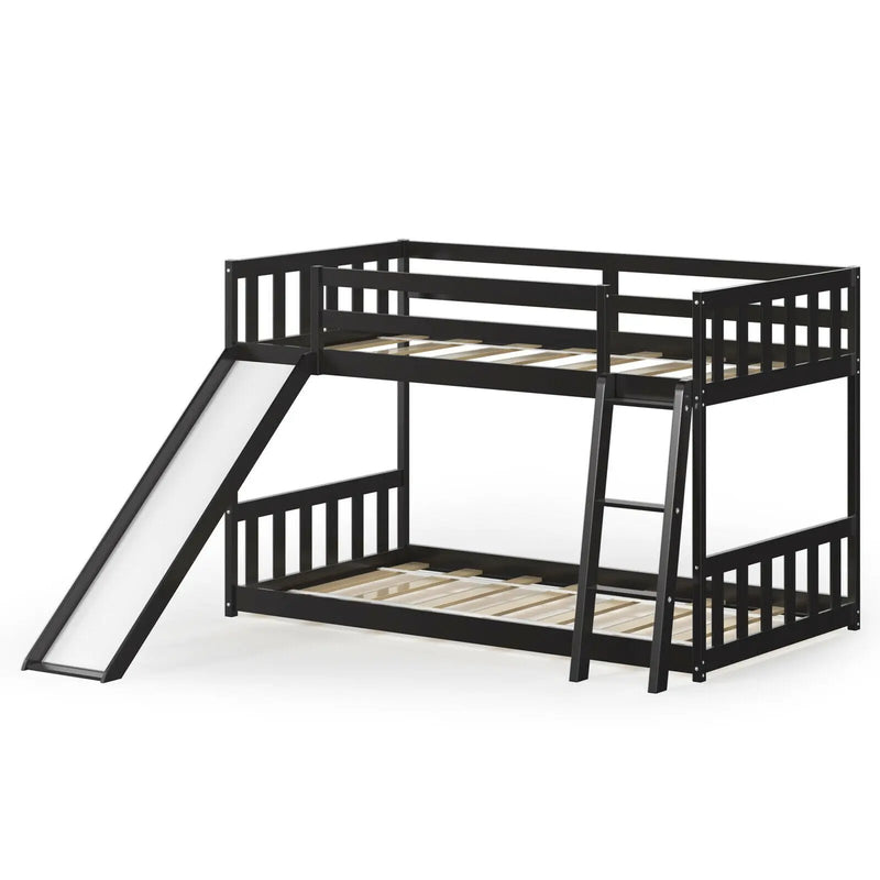Twin over Twin Bunk Wooden Low Bed with Slide Ladder for Kids by DirectDeals