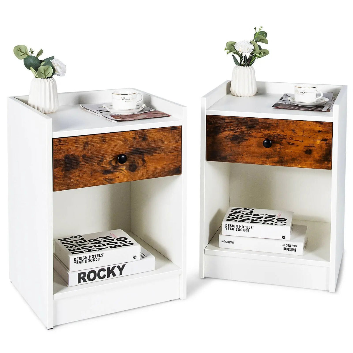 Set of 2 Nightstand with Drawer Cabinet End Side Table Raised Top, photo 4 of 10