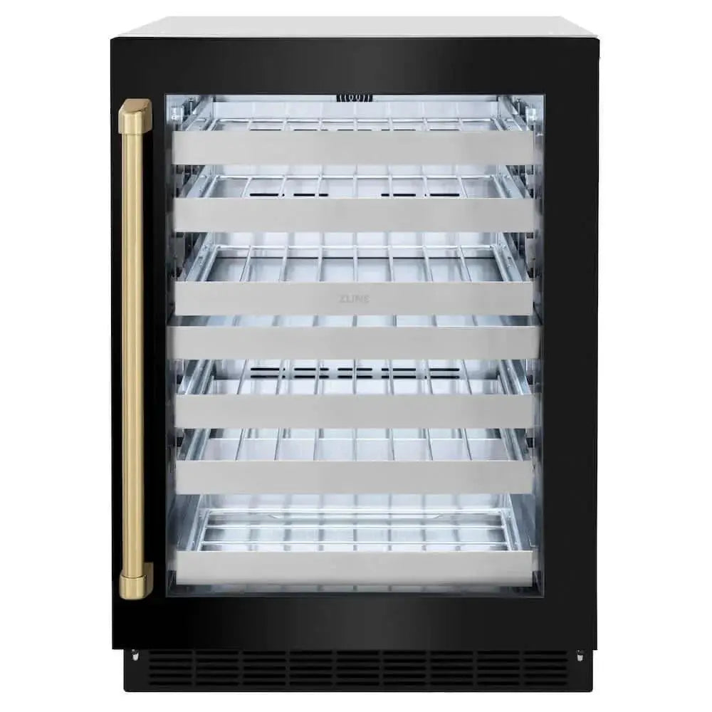 ZLINE 24" Touchstone Dual Zone 44 Bottle Wine Cooler Black Stainless Steel Glass Door Champagne Bronze Handle RWDOZ-BS-24-CB by Farmhouse Kitchen and Bath