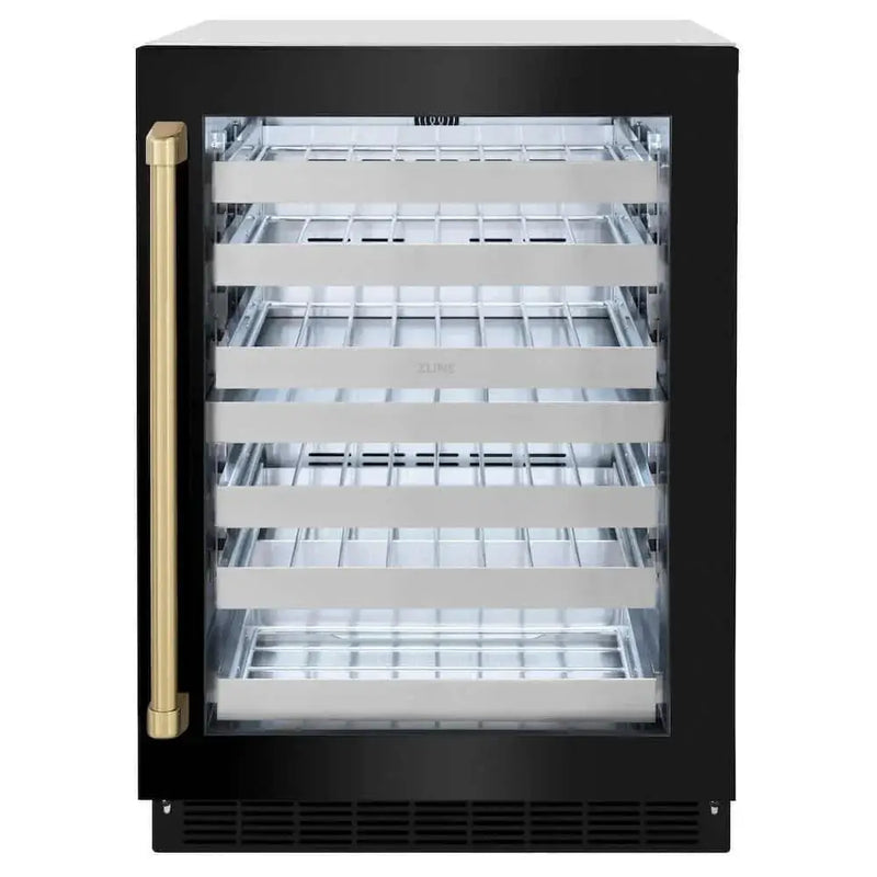 ZLINE 24" Touchstone Dual Zone 44 Bottle Wine Cooler Black Stainless Steel Glass Door Champagne Bronze Handle RWDOZ-BS-24-CB by Farmhouse Kitchen and Bath