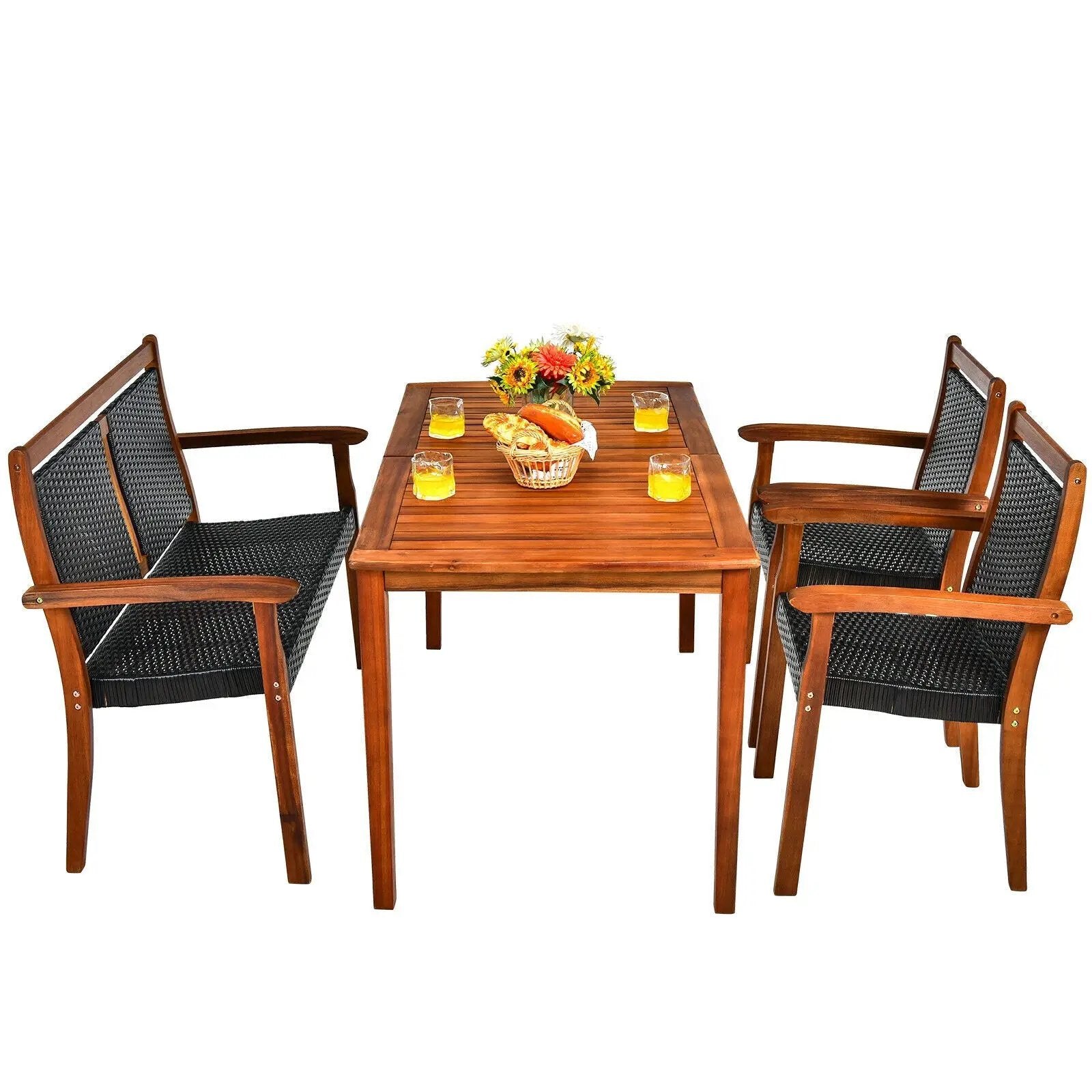 4 Pieces Acacia Wood Patio Rattan Dining Furniture Set by DirectDeals