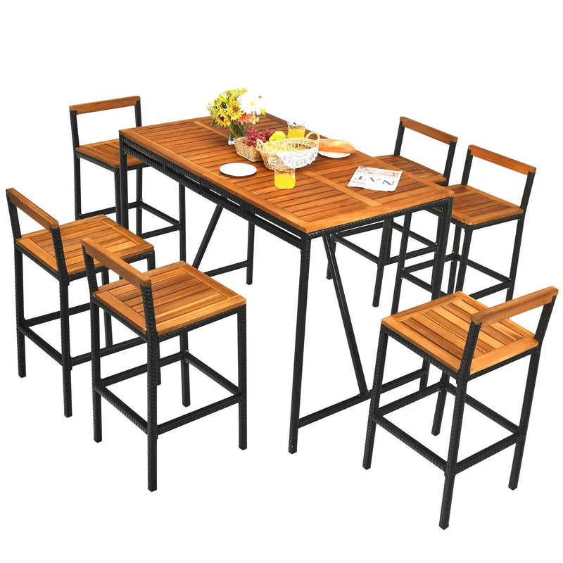 7 Pieces Acacia Wood Patio Rattan Bar Set with Umbrella Hole by DirectDeals
