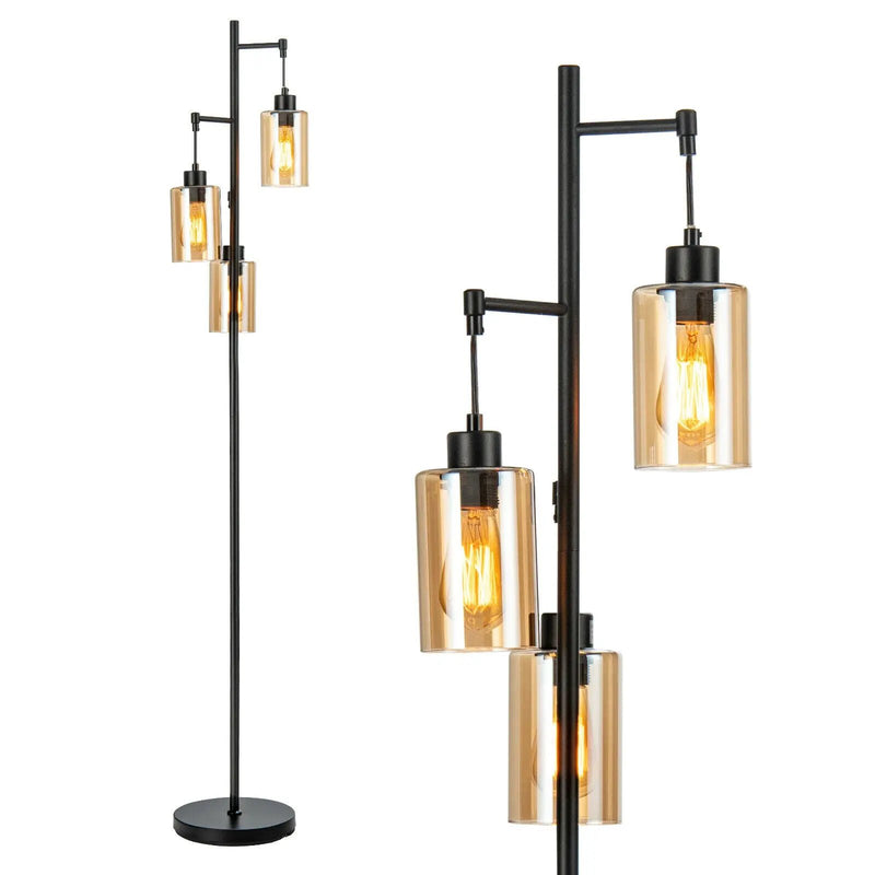 Retro Floor Lamp with 3-Head Hanging Amber Glass Shade by DirectDeals