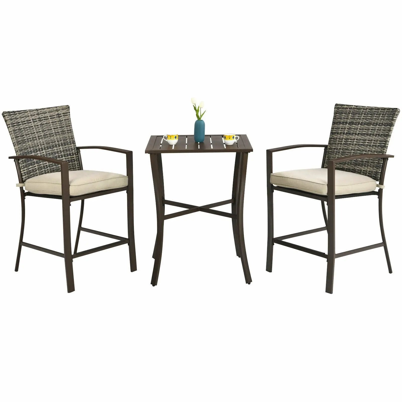 3 Pieces Rattan Bar Furniture Set with Slat Table and 2 Cushioned Stools by DirectDeals