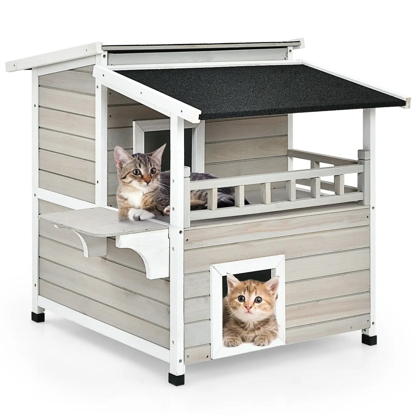 2-Story Wooden Patio Luxurious Cat Shelter House Condo with Large Balcony by DirectDeals