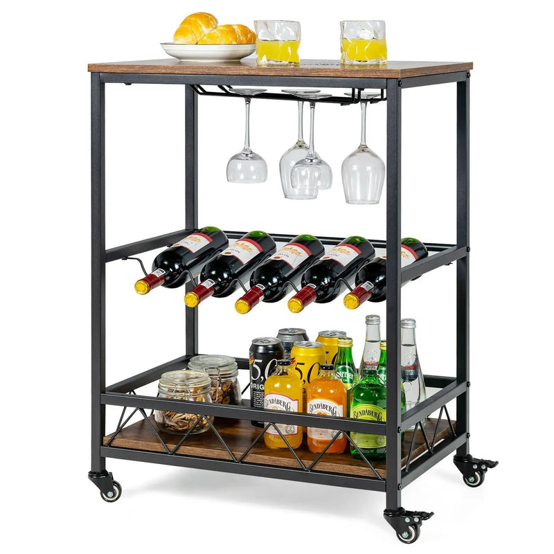 Kitchen Bar Cart Serving Trolley on Wheels with Wine Rack Glass Holder-Rustic Brown by DirectDeals