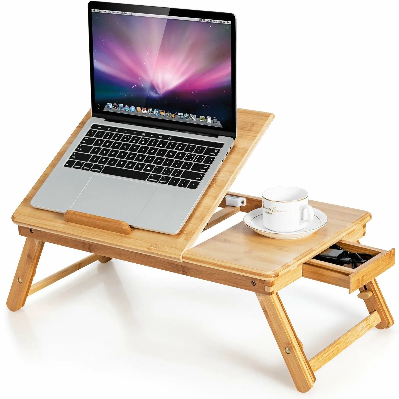 Bamboo Laptop Lap Tray with Adjustable Legs and Tilting Heat-dissipation Top by DirectDeals
