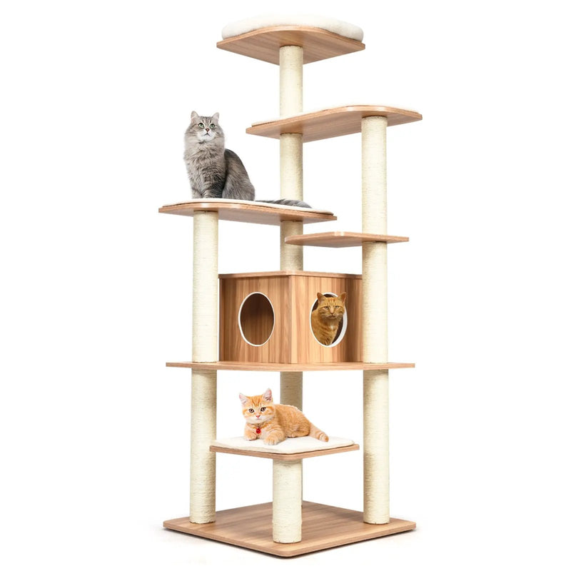 7-Layer Wooden Cat Tree Tall Cat Tower with Sisal Posts and Condo by DirectDeals