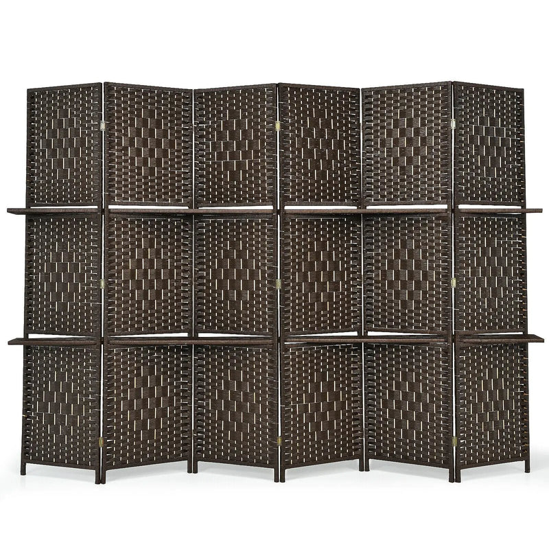 6 Panel Folding Weave Fiber Room Divider with 2 Display Shelves by DirectDeals