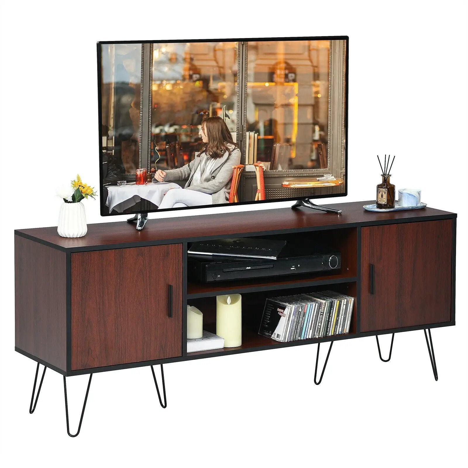 Retro Modern TV Stand with 6 Metal Legs for TVs up to 65 Inch with 2 Cable Holes by DirectDeals
