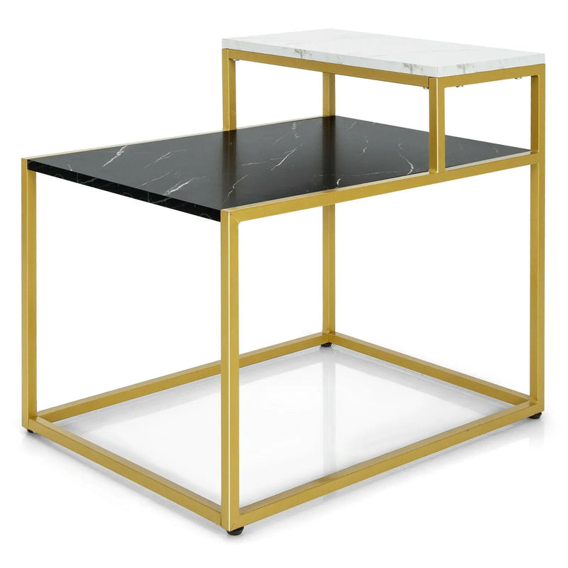 2 Tier End Side Table with Metal Frame and Storage Shelf for Living Room-White by DirectDeals