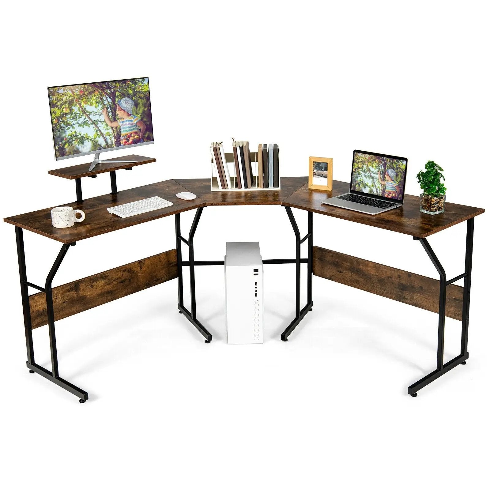 88.5 Inch L Shaped Reversible Computer Desk Table with Monitor Stand by DirectDeals