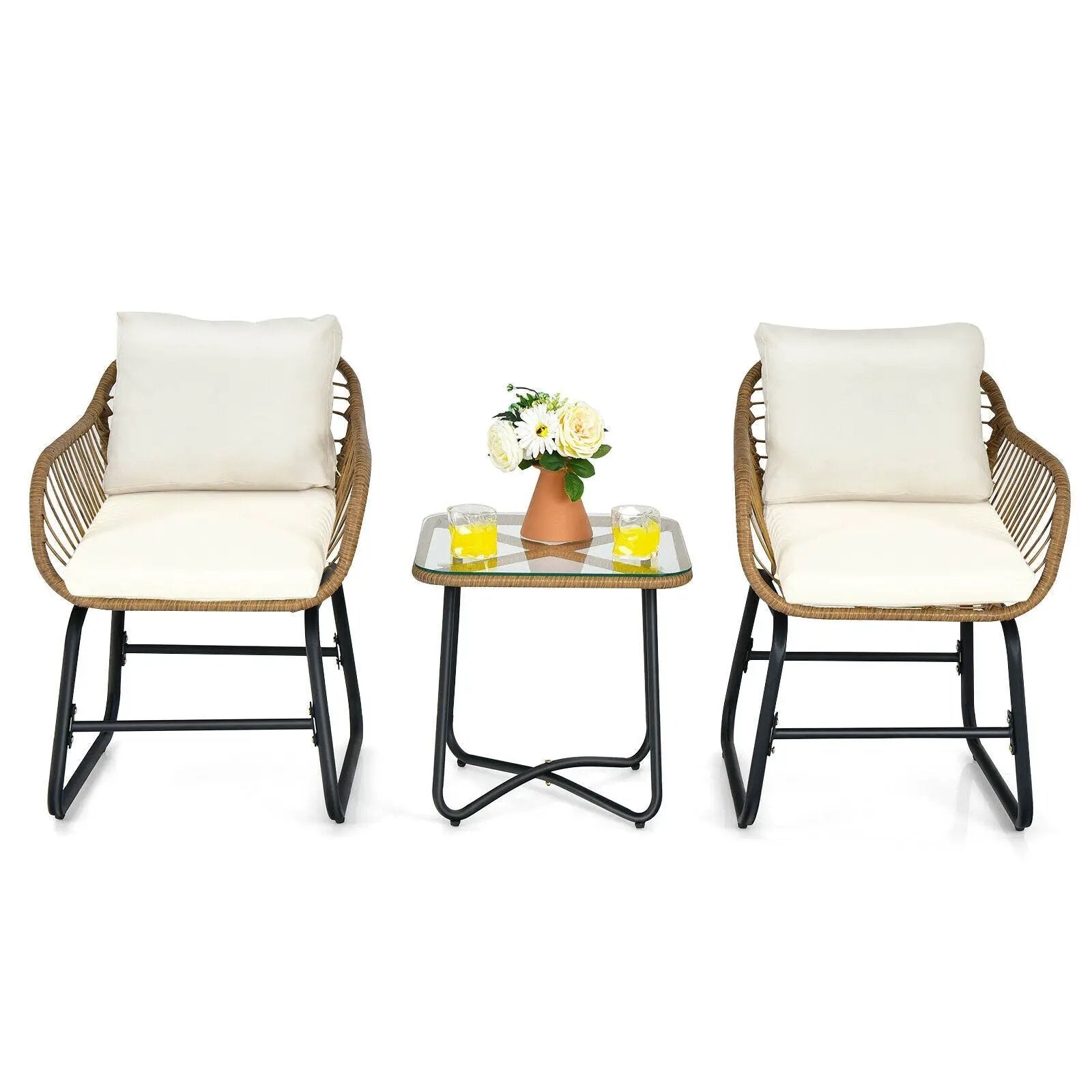 3-Piece Patio Bistro Set with 2 Rattan Chairs and Square Glass Coffee Table-White by DirectDeals