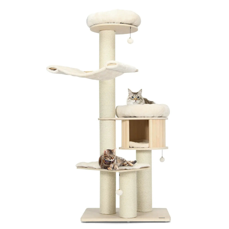 4-Layer 68.5-Inch Wooden Cat Tree Condo Activity Tower with Sisal Posts-Natural by DirectDeals