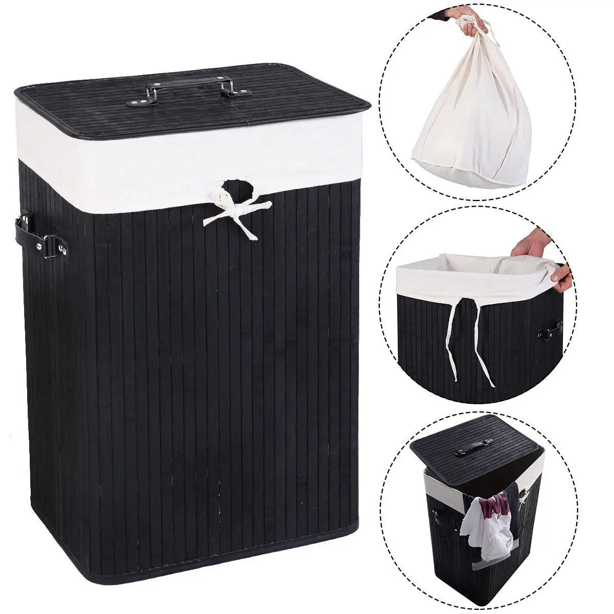 19 Gal Rectangle Laundry Basket Bamboo Clothes Hamper with Handles and Lid, photo 4 of 11