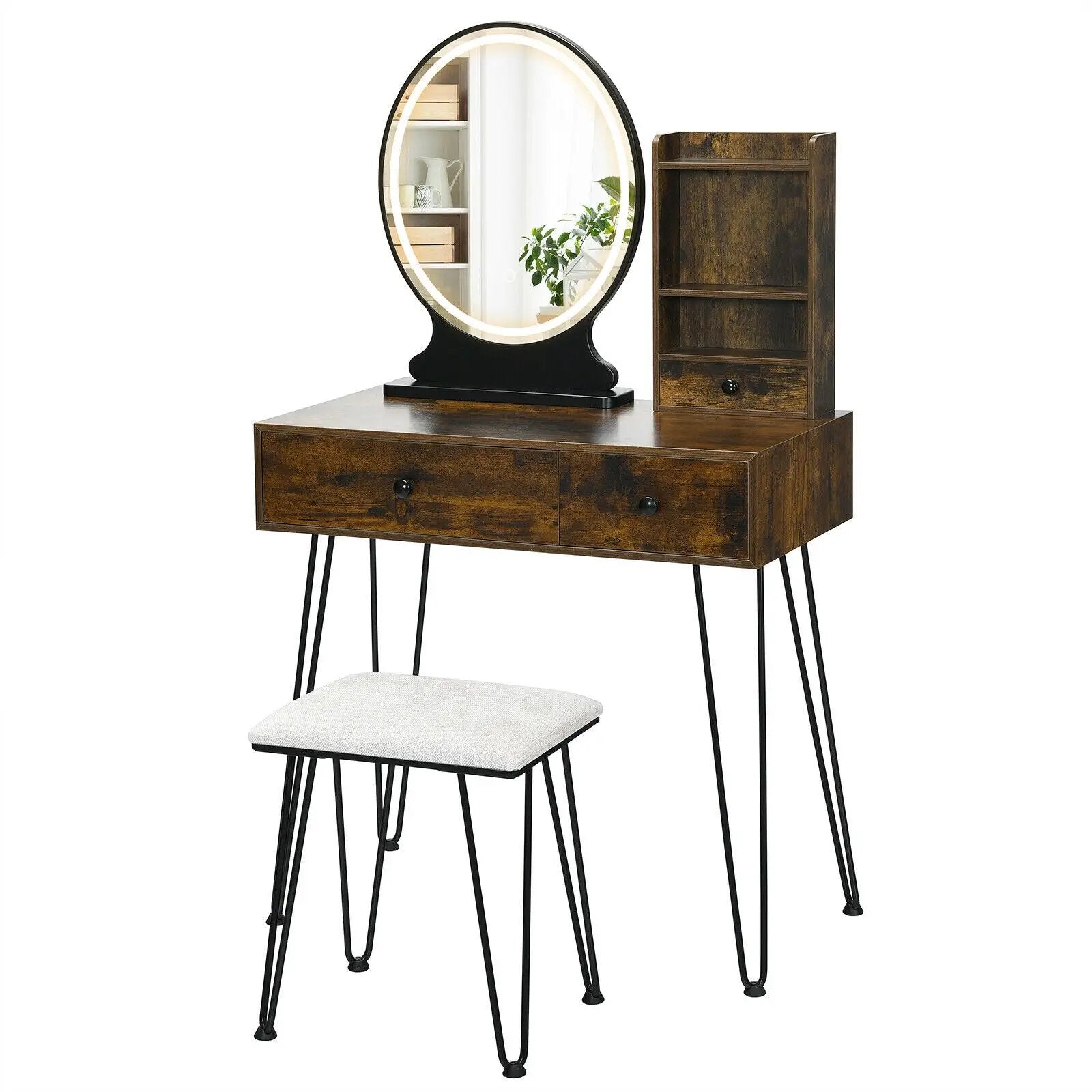 Vanity Table Set with Lighted Mirror and Cushion Stool-Brown by DirectDeals