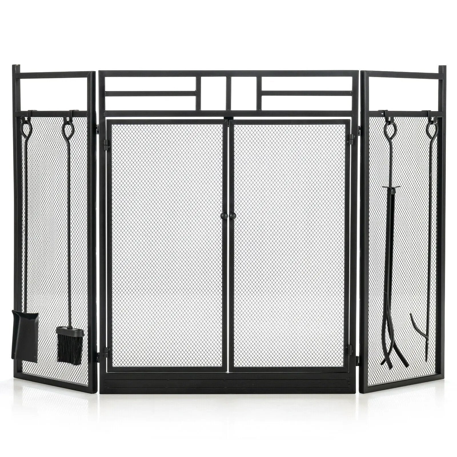 3-Panel Folding Wrought Iron Fireplace Screen with Doors and 4 Pieces Tools Set-Black by DirectDeals