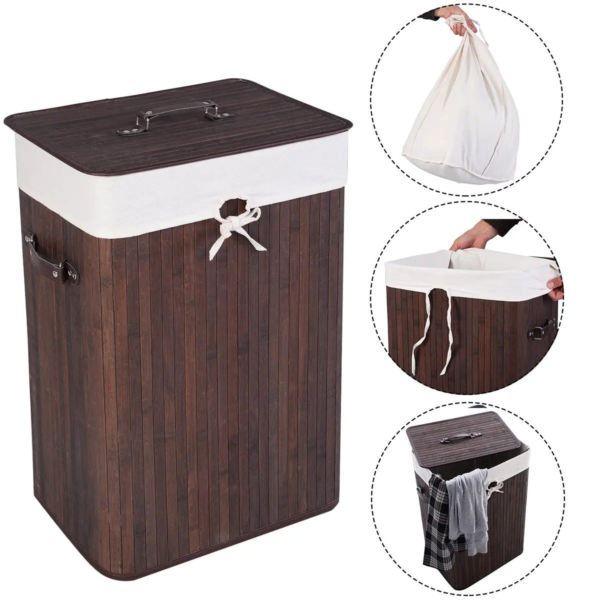19 Gal Rectangle Laundry Basket Bamboo Clothes Hamper with Handles and Lid, photo 9 of 11
